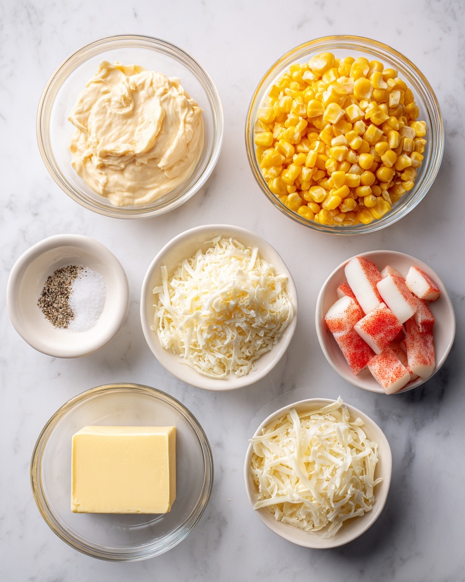 The image shows a round black pan filled with two layers: the bottom layer is made of bright yellow corn mixed with small pieces of white onion and red bell pepper scattered evenly. The top layer consists of melted white cheese covering most of the corn, slightly browned in some places, with a soft and creamy texture. The pan is placed on a white marbled surface, and a wooden spoon is visible on the top right side. A white cloth is partly visible on the bottom left. photo taken with an iphone --ar 4:5 --v 7