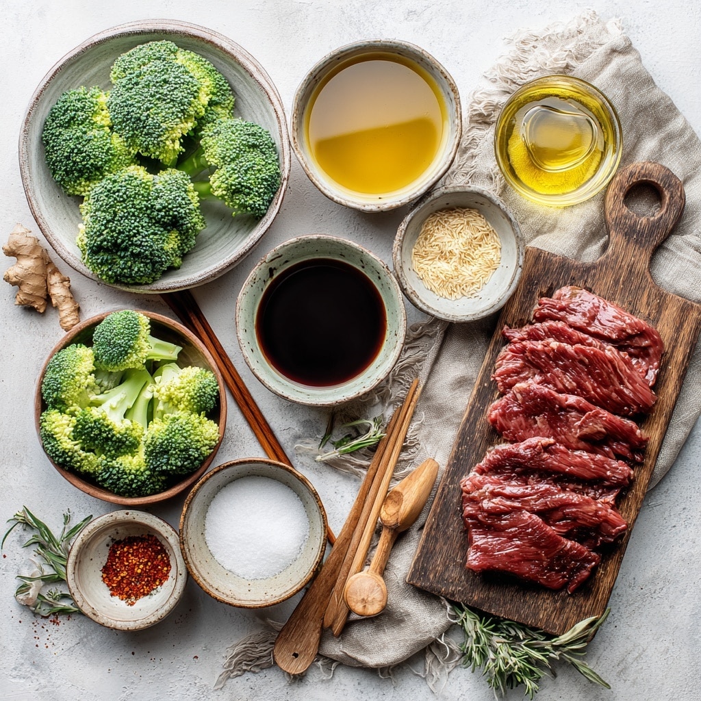 A white bowl is filled with two main layers: the bottom layer is fluffy white rice covering half of the bowl, and the top layer consists of dark brown beef pieces coated in a rich sauce mixed with bright green broccoli florets, sprinkled with light brown sesame seeds for texture. The food is placed on a white marbled surface, next to two rose gold forks and a glass of light amber drink with bubbles. Scattered sesame seeds and a partially visible green bottle are in the background. Photo taken with an iphone --ar 4:5 --v 7