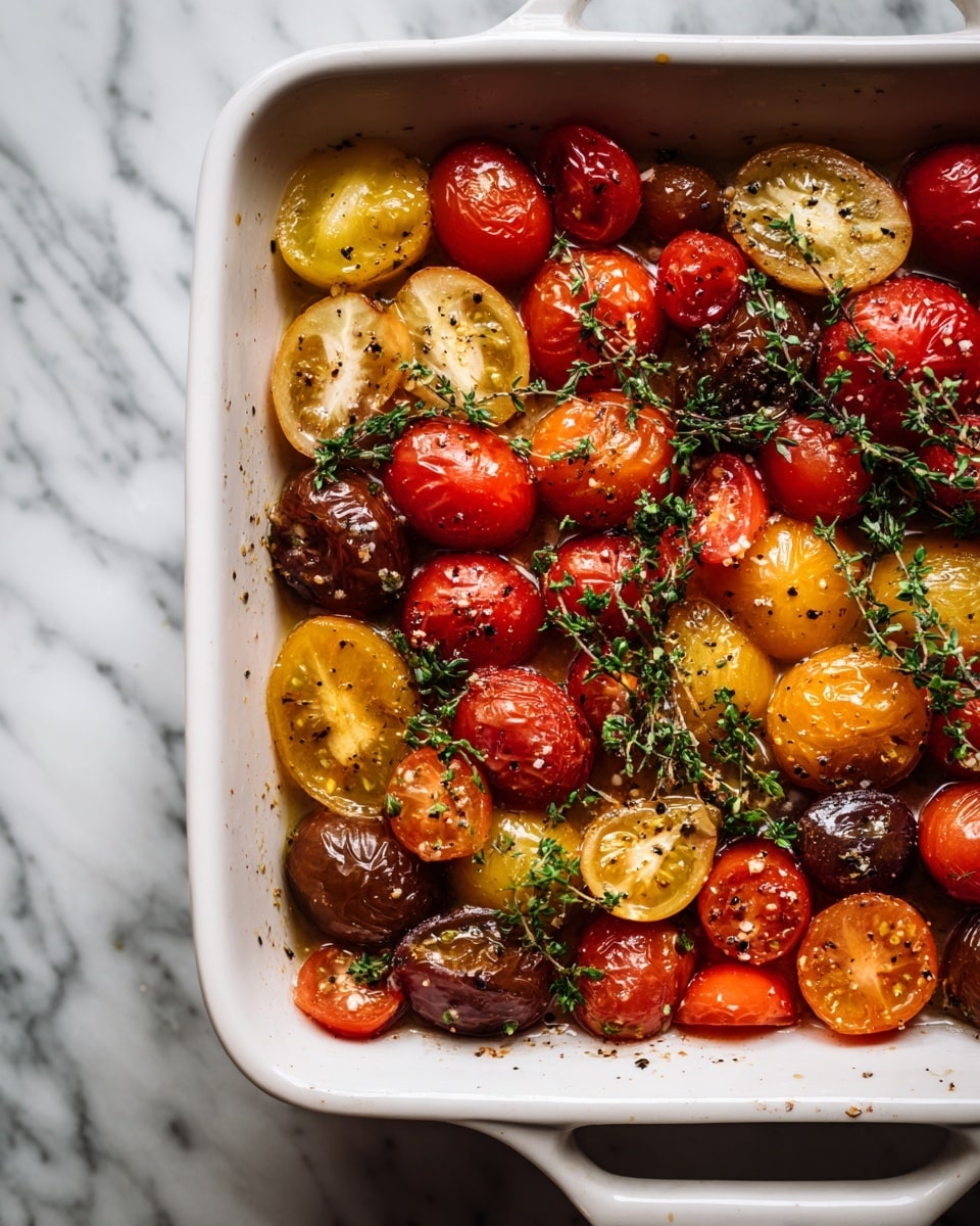 A white ceramic baking dish filled with a colorful baked dish, showing four bundles wrapped in thin green zucchini slices with a light seasoning of black pepper and fresh small green herbs on top. The bundles rest amid a mix of whole cherry tomatoes in red, yellow, and orange shades, sitting in a rich golden broth. The baking dish is placed on a white marbled surface, with scattered basil leaves around it. A silver spoon is dipped into the dish on the right side. Photo taken with an iphone --ar 4:5 --v 7