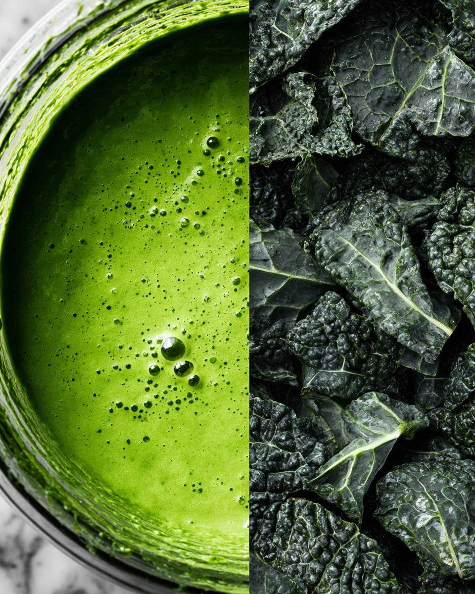 The image shows two close-up shots side by side. On the left, there is a thick, smooth green sauce inside a blender, with small bubbles visible on its surface and the blender walls showing streaks of the sauce. On the right, there are many dark green kale leaves that are chopped roughly, with a textured, leafy surface and some veins clearly visible, all set on a white marbled texture. photo taken with an iphone --ar 4:5 --v 7