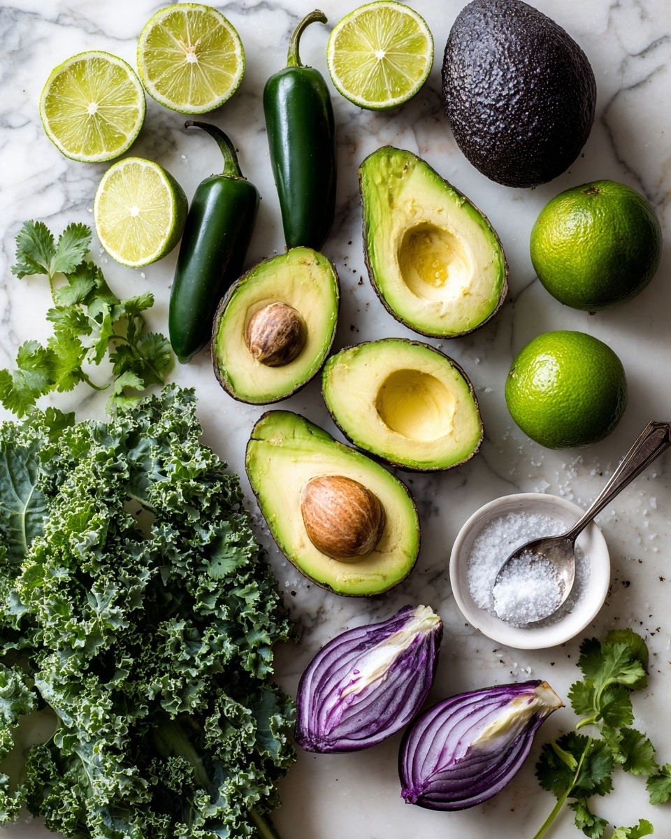 The image shows fresh ingredients laid out on a white marbled surface, ready for making guacamole. There are four halves of avocado, two with their stones still inside, showing creamy light green flesh, and two empty. Three halved limes with bright green flesh are scattered around, along with a whole dark brown avocado. A long, dark green jalapeño pepper is placed beside a small white bowl filled with salt and a metal spoon sticking out. Two halves of a purple and white onion are positioned near the bottom right. Fresh, curly green kale leaves take up the left side of the image, with some sprigs of cilantro with bright green leaves near the bottom center. The ingredients are arranged with space around them, and the photo was taken with an iphone --ar 4:5 --v 7