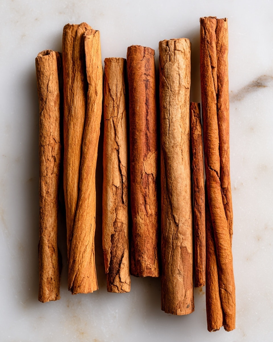 Several cinnamon sticks are laid out in a neat row on a white marbled surface. The cinnamon sticks are light brown with a rough texture, showing natural cracks and splits along their lengths. They vary slightly in thickness and length, with some sticks having curled edges at the ends. The arrangement creates a simple and natural look, emphasizing the sticks' dry and woody appearance photo taken with an iphone --ar 4:5 --v 7