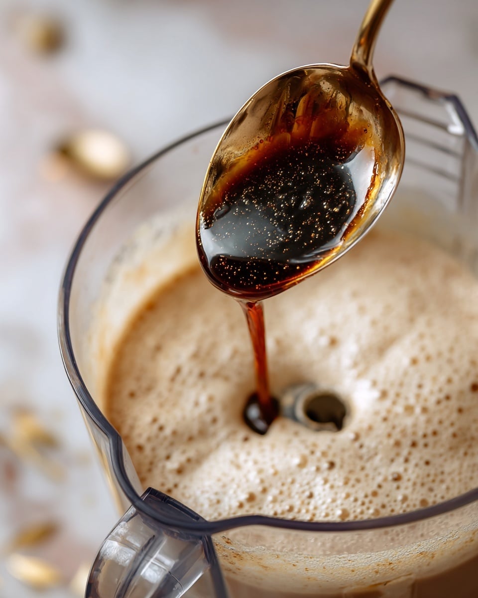 A close-up image shows a metal tablespoon dripping thick dark amber liquid into a blender filled with a light beige foamy mixture. The blender is clear plastic with a visible handle on the right side. The background has a white marbled texture with some blurred golden brown seeds scattered around. The focus is mainly on the pouring liquid and the bubbling mixture below. photo taken with an iphone --ar 4:5 --v 7