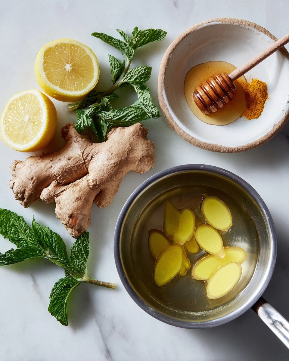 The image shows two parts side by side on a white marbled surface. On the left, there is a collection of fresh ingredients including bright yellow lemon halves, a large piece of light brown ginger root with a rough texture, fresh green mint leaves, a small cinnamon stick, orange turmeric root, and honey in a shallow white dish with a wooden honey dipper resting in it. On the right, there is a metal saucepan containing a few thin, uneven yellow slices of fresh ginger arranged casually on the bottom. A white knife with a black handle rests partially visible on the surface near the saucepan. Photo taken with an iphone --ar 4:5 --v 7