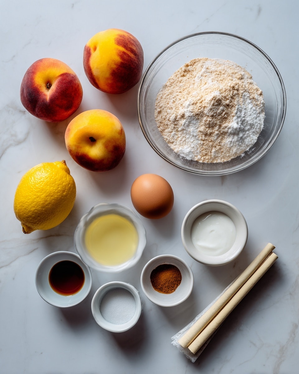 The image shows several ingredients arranged on a white marbled surface. There are five whole peaches with yellow and reddish fuzzy skin, a bright yellow lemon, and a single brown egg. A large clear glass bowl holds a pale, crumbly mix with white powder sprinkled on top. Around it are smaller white bowls and cups containing white powdered sugar, a brownish spice, dark syrup, white creamy dollop, and a light yellow stick wrapped in paper. All items are neatly spread out with soft, natural lighting. Photo taken with an iphone --ar 4:5 --v 7
