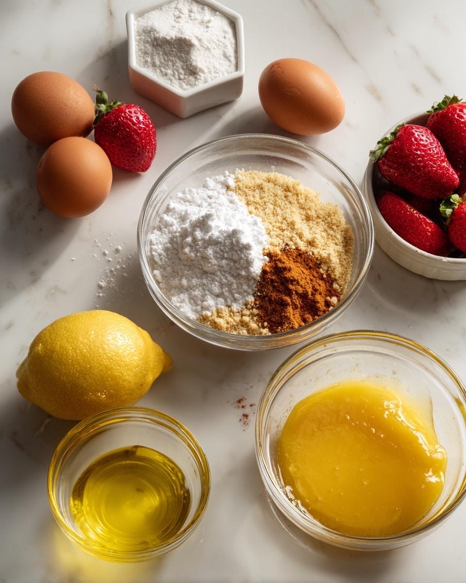 The image shows two glass bowls on a white marbled surface. The left bowl contains a dry mix with three visible color layers: the bottom is a light brown grainy layer, topped with a pile of white powder and a small area of darker brown powder. Around the bowl, there are three brown eggs, half a lemon, a small white hexagonal dish with yellow zest, a small bowl of bright red strawberries, and a glass container with yellow oil. The right bowl contains the same dry mix, but a golden liquid with a smooth, slightly thick texture is being poured into it from a glass container, creating a wet golden layer over part of the dry mix. Photo taken with an iphone --ar 4:5 --v 7