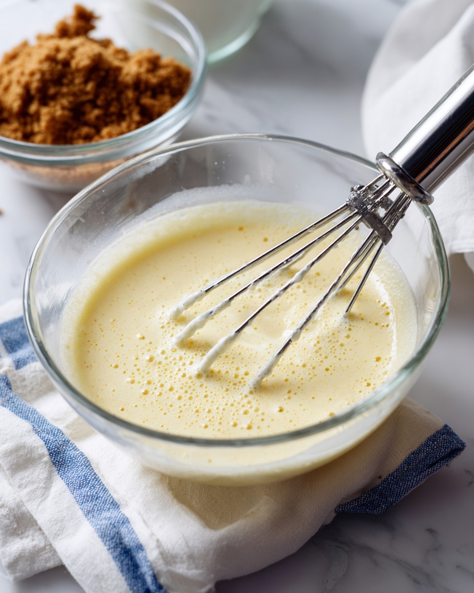 A clear glass bowl sits on a white marbled surface over a white cloth with blue stripes, filled with a pale yellow, creamy mixture with small bubbles on the surface. A hand mixer with two silver beaters is partially immersed in the mixture, showing thick but smooth texture. Behind the bowl, there is another clear glass bowl containing crumbly brown pieces, and a white cloth is slightly visible nearby. The overall scene has a soft, bright feel with clean, neutral colors. photo taken with an iphone --ar 4:5 --v 7