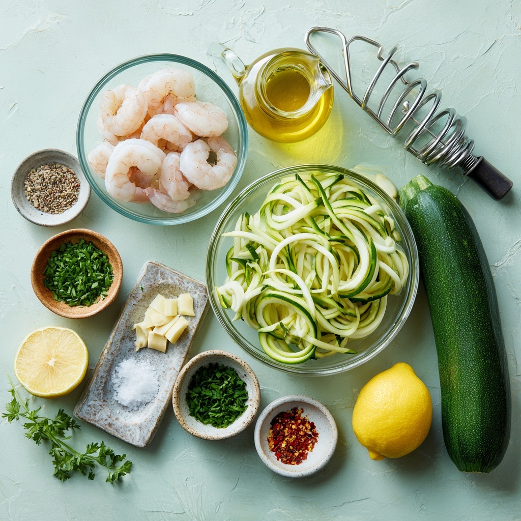 The dish is served in a white speckled bowl filled with light green spiral zucchini noodles as the base layer, thin and curly with a fresh texture. On top, there are several pink and slightly orange cooked shrimp arranged evenly, showing a firm texture and some black pepper seasoning sprinkled over. In the center, a thin yellow lemon slice with a small green parsley leaf on it adds a fresh touch. Small green parsley leaves are scattered across the dish for color contrast. The bowl is placed on a white marbled surface with some scattered parsley and a garlic clove in the background for decoration. photo taken with an iphone --ar 4:5 --v 7