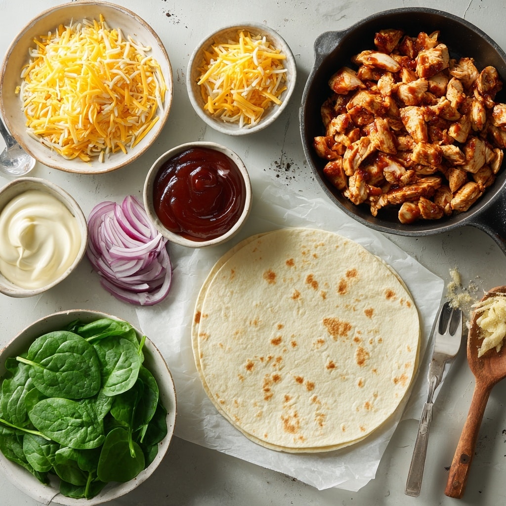 Four white tortillas are open on a white marbled surface, each topped with a layer of white sauce spread in a curved line near the center. On top of the sauce, there are small chunks of cooked chicken with light brown color, orange shredded cheese, and finely chopped red onions scattered. Fresh green spinach leaves are placed on the very top of each tortilla in a neat row. In the top right corner, two white bowls hold shredded cheese and dark sauce. In the bottom left corner, a gray bowl is filled with more fresh spinach leaves. A woman's hand is partly visible on the right side of the image. Photo taken with an iphone --ar 4:5 --v 7