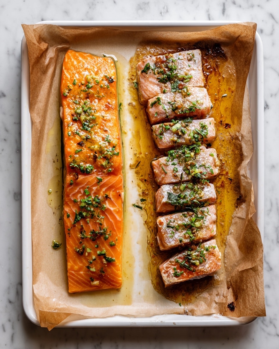 The image shows two stages of cooking salmon on a white tray lined with brown parchment paper placed on a white marbled surface. On the left side, two raw salmon pieces lie flat, each with a bright orange color and topped with small green herb sprinkles and a light layer of oil giving a shiny texture. On the right side, the same salmon is cooked and cut into chunky pieces, showing a pale pink interior with some parts browned and crispy. The cooked salmon sits on the same parchment paper with juices pooling around it, and the herb sprinkles remain visible. photo taken with an iphone --ar 4:5 --v 7