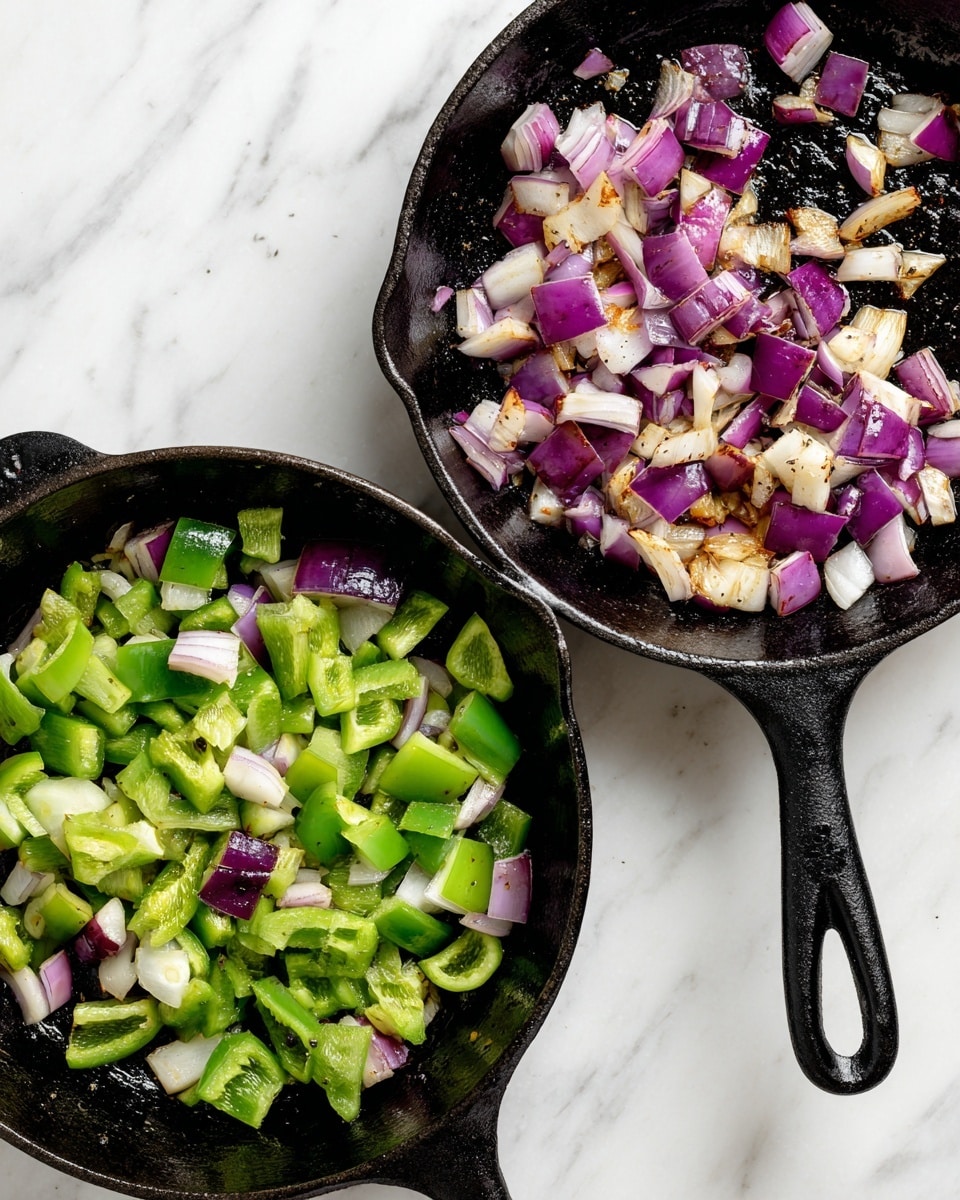 Two black cast iron pans are shown side by side on a white marbled surface. Both pans have chopped vegetables inside, mainly green peppers, light purple onions, and white onions. The left pan has raw vegetables, with bright green, purple, and white colors that look fresh and crisp. The right pan shows the same vegetables after cooking, now softer with a slight brown tint and some pieces having a light golden color. The inside of the pans looks slightly oily and cooked. Photo taken with an iphone --ar 4:5 --v 7