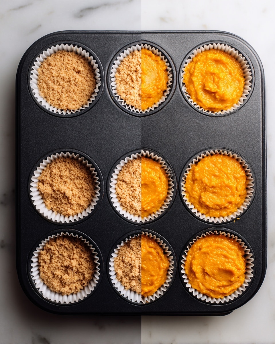 This image shows two views of a black muffin pan on a white marbled surface. On the left side, several muffin cups lined with white paper liners are filled with a light brown, crumbly base layer that looks like crushed cookies or graham crackers, pressed down evenly. On the right side, the same cups are filled with a smooth, bright orange layer that is solid and slightly textured on top, resembling a pumpkin or sweet potato filling. The cups are neatly placed inside the muffin pan, and the contrast between the crumbly base and the smooth orange topping is clear. Photo taken with an iphone --ar 4:5 --v 7