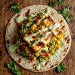 Halloumi Tacos with Corn Salad and Cilantro Sauce Recipe