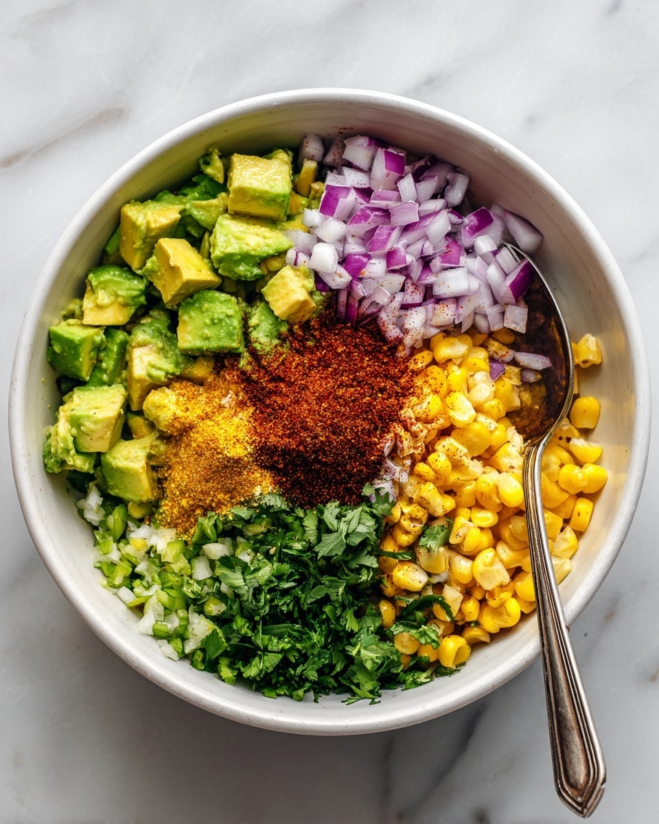 A white bowl filled with layers of chopped avocado pieces, bright green cilantro leaves, finely chopped red onion, diced green chili, small corn kernels, and a pile of red and brown spices on top, all arranged separately but ready to be mixed. The second image shows the same bowl after mixing, with all ingredients combined into a colorful, textured salad of white and yellow corn, green avocado bits, red onion, and flecks of red chili powder, with a silver spoon resting inside the bowl. The bowl sits on a white marbled surface. Photo taken with an iphone --ar 4:5 --v 7