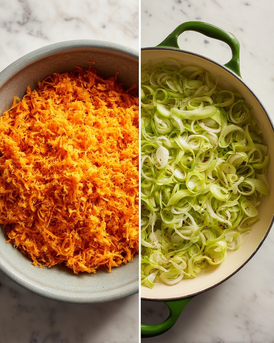 The first image shows a gray bowl filled with finely grated orange texture resembling cooked carrots or sweet potatoes, filling most of the bowl with none spilling over. The second image shows a white enameled pan with green handles, filled with thinly sliced light green and white leeks, spread evenly and slightly cooked with some browned spots. Both images are set against a white marbled surface photo taken with an iphone --ar 4:5 --v 7