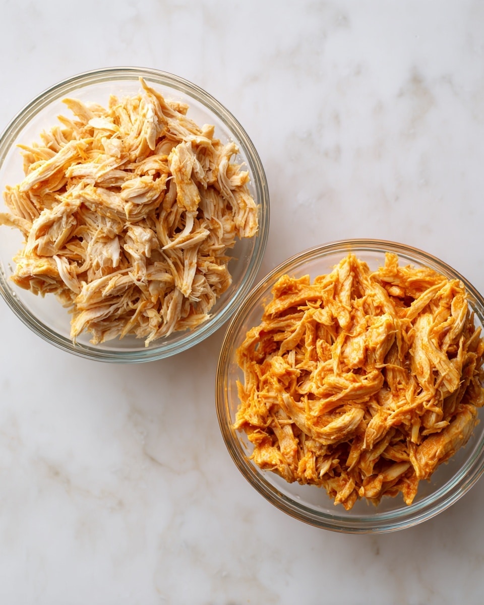 The dish shows two clear glass bowls placed side by side on a white marbled surface. The bowl on the left is filled with shredded cooked chicken pieces that are pale beige, soft, and fibrous in texture, with uneven thin strips layered loosely. The bowl on the right contains shredded chicken mixed with an orange sauce, evenly coated, giving the pieces a wet, thicker appearance and intensifying the texture contrast with bright orange hues covering the meat. Photo taken with an iphone --ar 4:5 --v 7