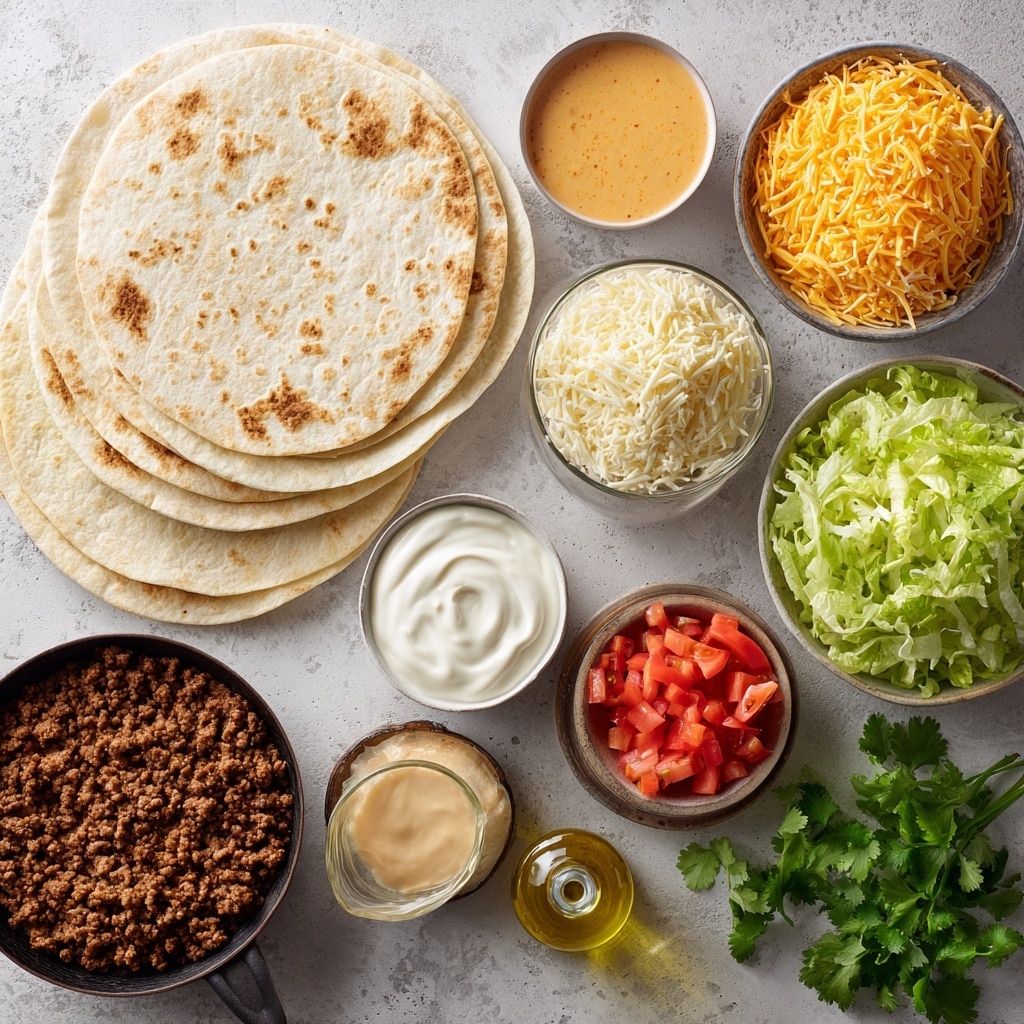 A white plate holds an open soft tortilla with light brown spots. At the center on the tortilla, there is a round crispy shell with layers stacked evenly: at the bottom, dark browned cooked ground meat, followed by a golden crispy layer, then a thick white cream layer. On top, there are finely shredded light green lettuce pieces and bright red tomato chunks scattered, with orange and white shredded cheese sprinkled last. The plate is set on a white marbled textured surface. Photo taken with an iphone --ar 4:5 --v 7