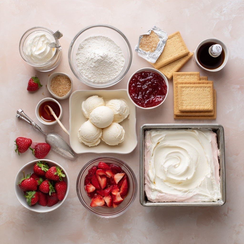 A square baking pan lined with parchment paper holds a creamy white layer of dessert filling as the base. On top, there are evenly spread bright red sliced strawberries with their inner texture visible, scattered all over the surface. Small pieces of crushed light brown biscuit crumbs are sprinkled over the strawberries, adding texture contrast. The pan is placed on a white marbled surface, with a small bowl of whole strawberries and some round biscuits placed near the top right corner. The lighting highlights the fresh and soft texture of the cream and fruit, making the dish look fresh and inviting. Photo taken with an iphone --ar 4:5 --v 7