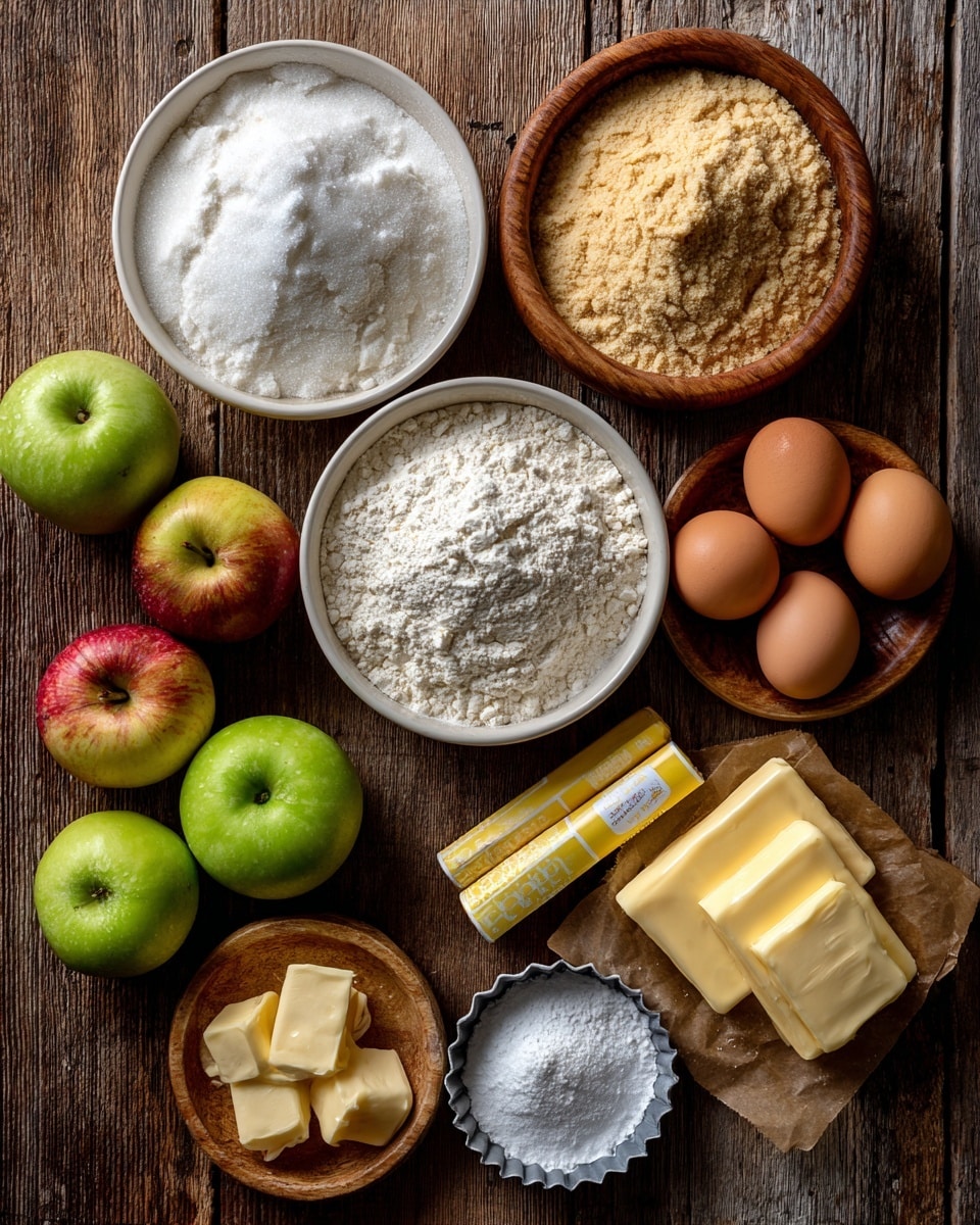 The image shows baking ingredients arranged on a wooden surface. There are two white bowls filled with white granulated sugar and white flour, placed centrally. To the right of the bowls are four brown eggs and two yellow sticks of salted butter in paper packaging. Above, there is a round wooden bowl filled with light brown sugar. On the left side, three whole apples are placed—two green and one red. Below, there is a small wooden bowl with a few pieces of butter and a small metal tart tin with white powder, likely baking powder. The scene is set on a rustic wooden surface. photo taken with an iphone --ar 4:5 --v 7