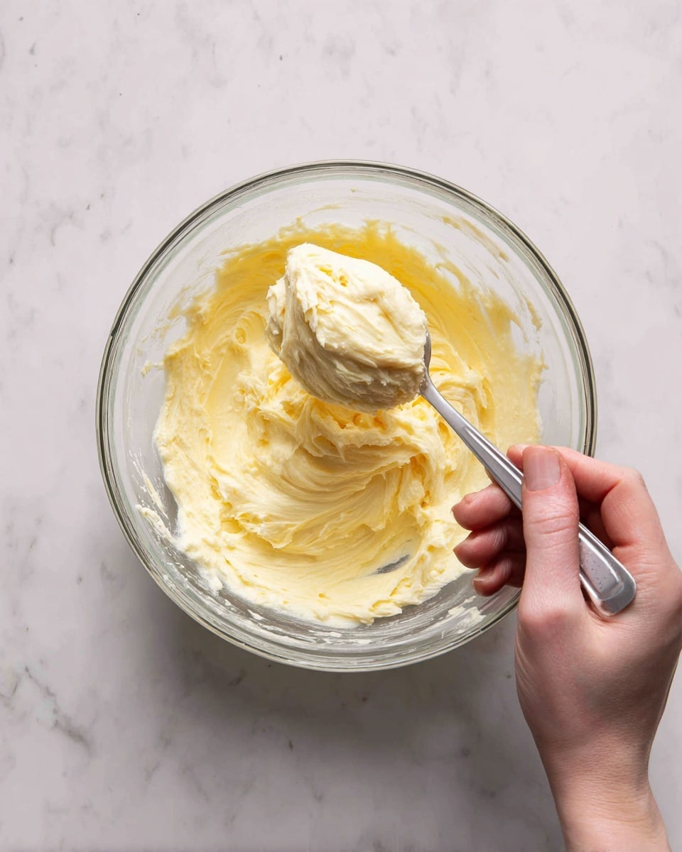 A close-up view of a clear mixing bowl filled with a thick, creamy pale yellow mixture with smooth texture. A spoon with a long handle is holding a large dollop of the creamy mixture above the bowl, showing its soft and slightly fluffy consistency. A woman's hand is holding the spoon near the bottom of the handle. The bowl is set on a white marbled surface. photo taken with an iphone --ar 4:5 --v 7