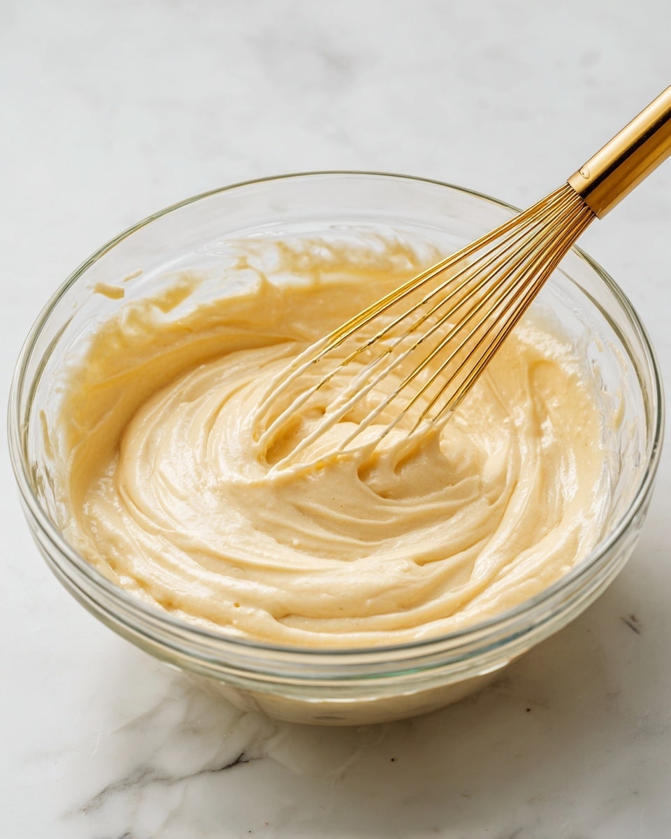 A clear glass bowl filled with a thick, creamy, pale yellow batter is placed on a white marbled surface. A gold whisk rests inside the bowl, partially covered in the batter, with swirled lines showing the motion of mixing. The texture of the batter looks smooth with some small bubbles, giving it a light and airy appearance. The edges of the glass bowl are clear, showing the batter clinging slightly to the sides. Photo taken with an iphone --ar 4:5 --v 7