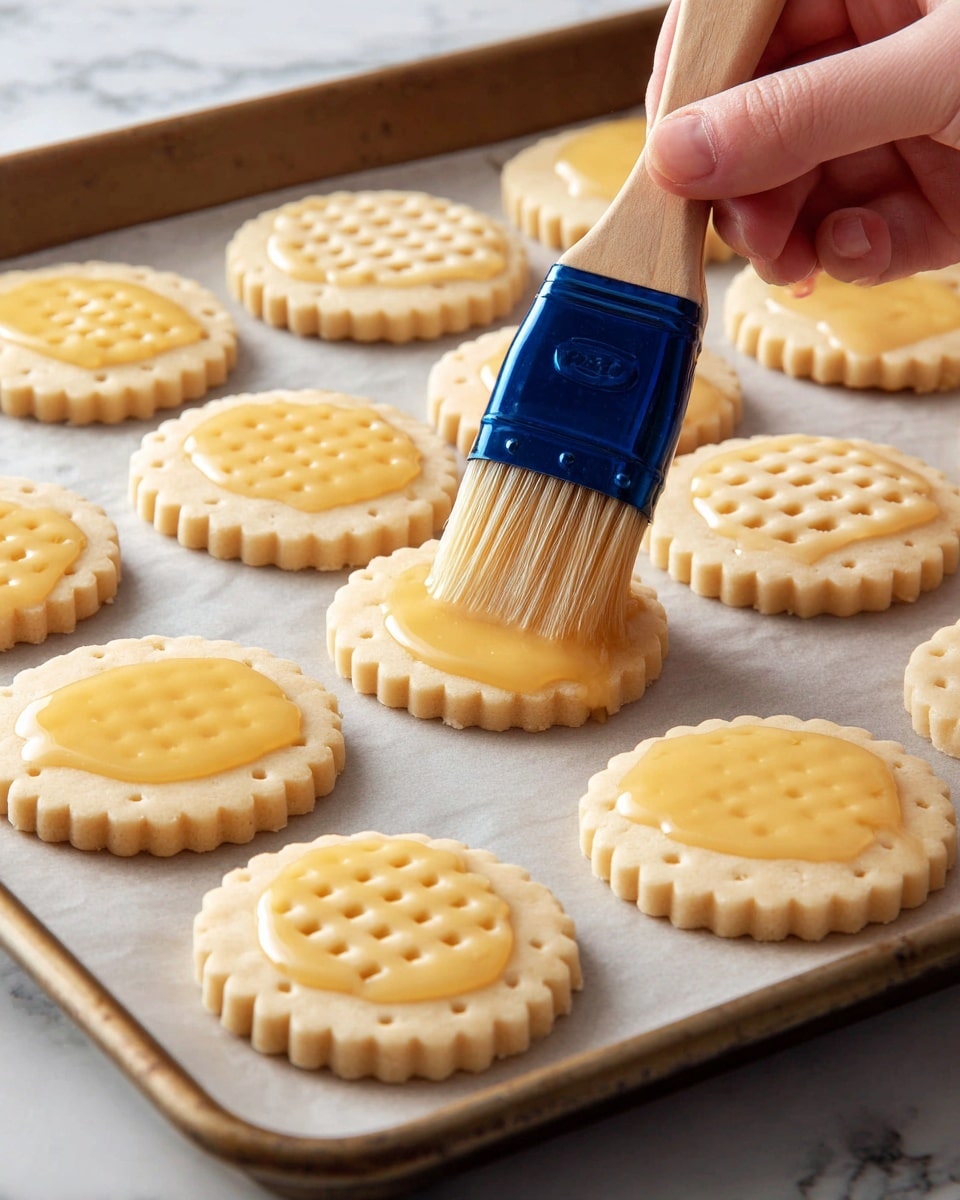 The image shows a baking tray lined with parchment paper holding several uncooked round cookies. Each cookie has two layers: a larger scalloped-edged base and a smaller round top layer with small square holes made in a grid pattern. Many cookies have a shiny, light yellow glaze being brushed over them using a blue and wooden brush held by a woman's hand. The dough is pale beige and smooth in texture. The background has a white marbled texture. Photo taken with an iphone --ar 4:5 --v 7