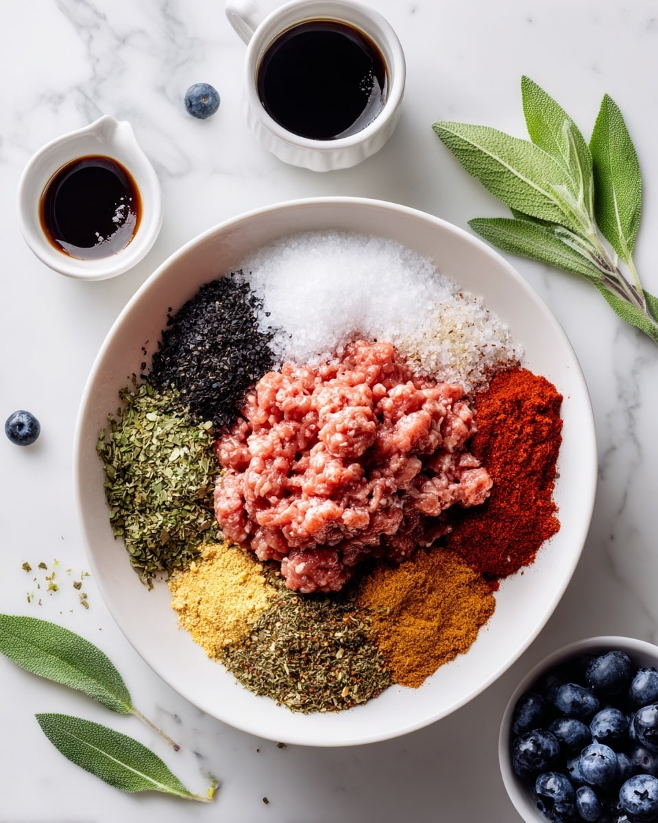 The image shows a white bowl on a white marbled surface filled with two large portions of minced meat side by side. On top of the meat, there are neat piles of various spices and herbs in different colors and textures, including coarse white salt, black pepper, green dried herbs, paprika red powder, ginger yellow powder, minced garlic, ground cinnamon brown powder, and some dark sauce pooling at the bottom. Around the bowl, there are three green sage leaves scattered, a small white cup filled with dark sauce, and a small white bowl containing fresh blueberries with a few blueberries scattered outside. Photo taken with an iphone --ar 4:5 --v 7