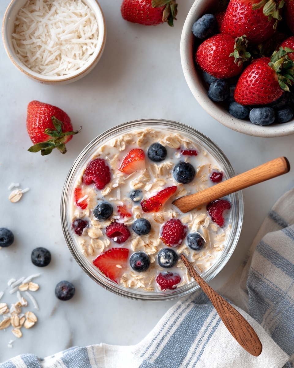 A clear glass bowl filled with a mix of light beige oats soaked in creamy milk, with bright red strawberry halves, dark blue blueberries, and red raspberries scattered evenly through the oats. A wooden spoon is partially placed inside the bowl on the right side. Above the bowl, there is a white bowl full of fresh strawberries, blueberries, and raspberries, and to the left of this, a small white bowl filled with white shredded coconut. The background is a white marbled surface with some scattered oat flakes, and a light blue and white striped cloth is draped under the bowl on the bottom right. Photo taken with an iphone --ar 4:5 --v 7
