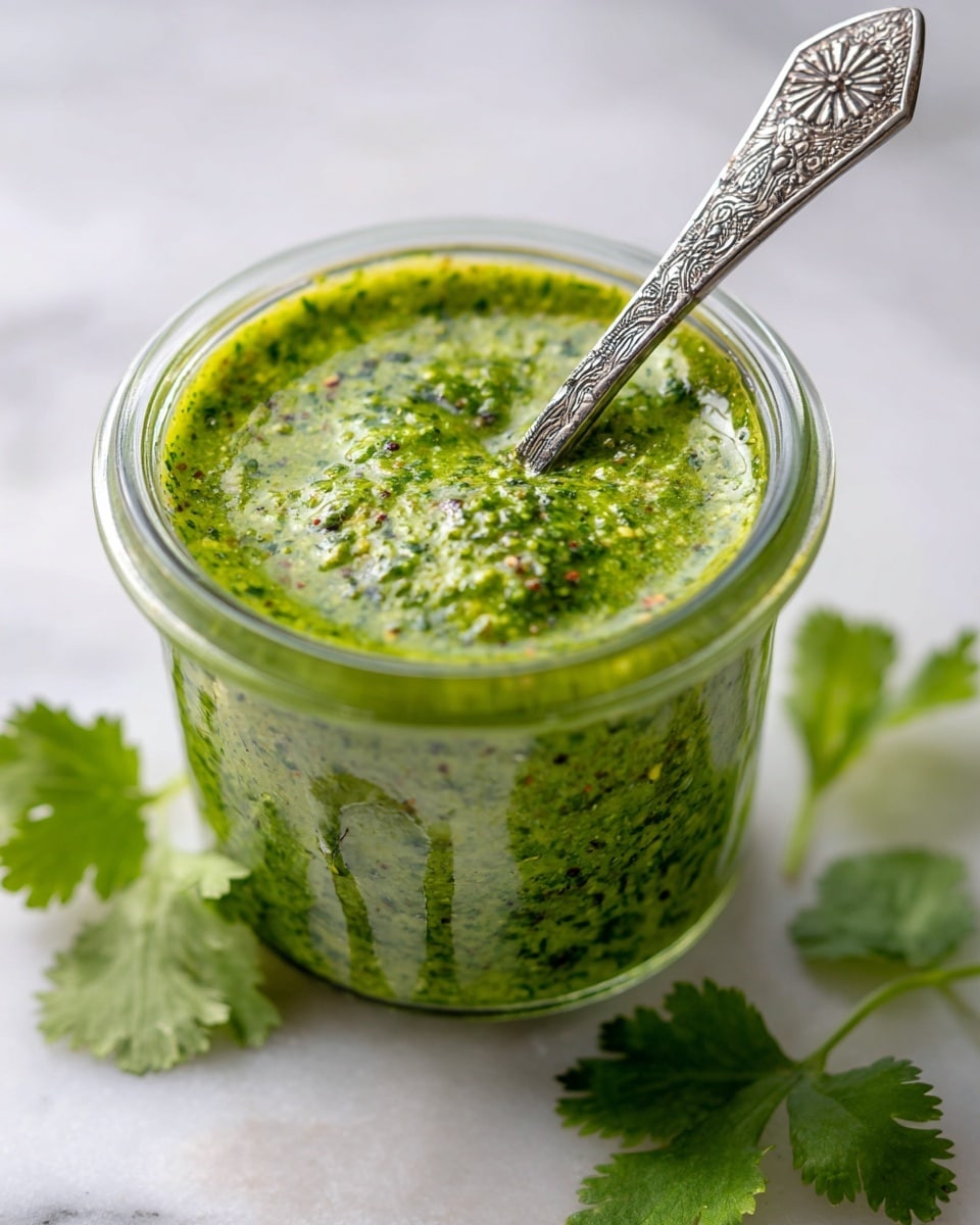 A small clear glass jar filled with a thick green sauce that has a speckled texture showing bits of herbs and spices, with a silver spoon decorated with a detailed pattern sticking out from the jar. There are a few fresh green cilantro leaves lying on the white marbled surface beside the jar. The sauce looks creamy and rich, sitting close to the jar's rim, with slight drips on the inside. photo taken with an iphone --ar 4:5 --v 7