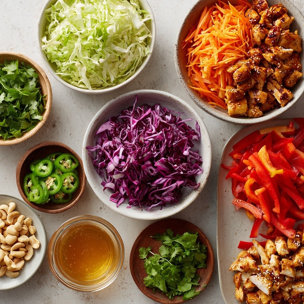 In a large white bowl, six sections of fresh chopped vegetables are arranged side by side: purple cabbage with a shredded texture at the top left, light green cabbage with thin strips at the top right, bright red sliced bell peppers along the left edge, finely chopped green onion with circular bite-sized pieces at the bottom center-left, small sticks of orange carrot on the bottom right, and small chunks of green bell pepper in the center-right. In the middle of the bowl, there is a pile of finely chopped dark green herbs. The bowl sits on a white marbled surface. A white small pitcher filled with a light brown dressing is at the top right, with a pair of metal serving spoons partially visible at the bottom right. A woman's hand with a gray cloth is near the bowl at the bottom left. Photo taken with an iphone --ar 4:5 --v 7