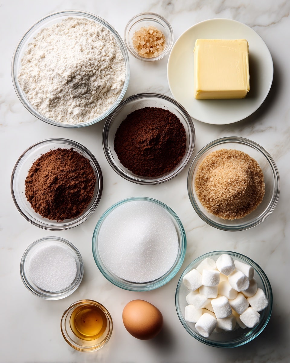 A top-down view of various baking ingredients arranged neatly on a white marbled surface, including a large clear bowl filled with white flour at the top left, a white plate with a block of yellow butter at the top right, a medium clear bowl of dark brown cocoa powder below the flour, a slightly larger clear bowl of light brown sugar below the cocoa powder, and a medium clear bowl of white granulated sugar in the center. There are smaller clear bowls containing light brown sugar crystals, a light golden liquid, white salt, and white baking powder scattered around, along with a cluster of small white marshmallows in a clear bowl on the bottom right and a single brown egg at the bottom left. All bowls are transparent, showing the texture of each ingredient clearly, photo taken with an iphone --ar 4:5 --v 7