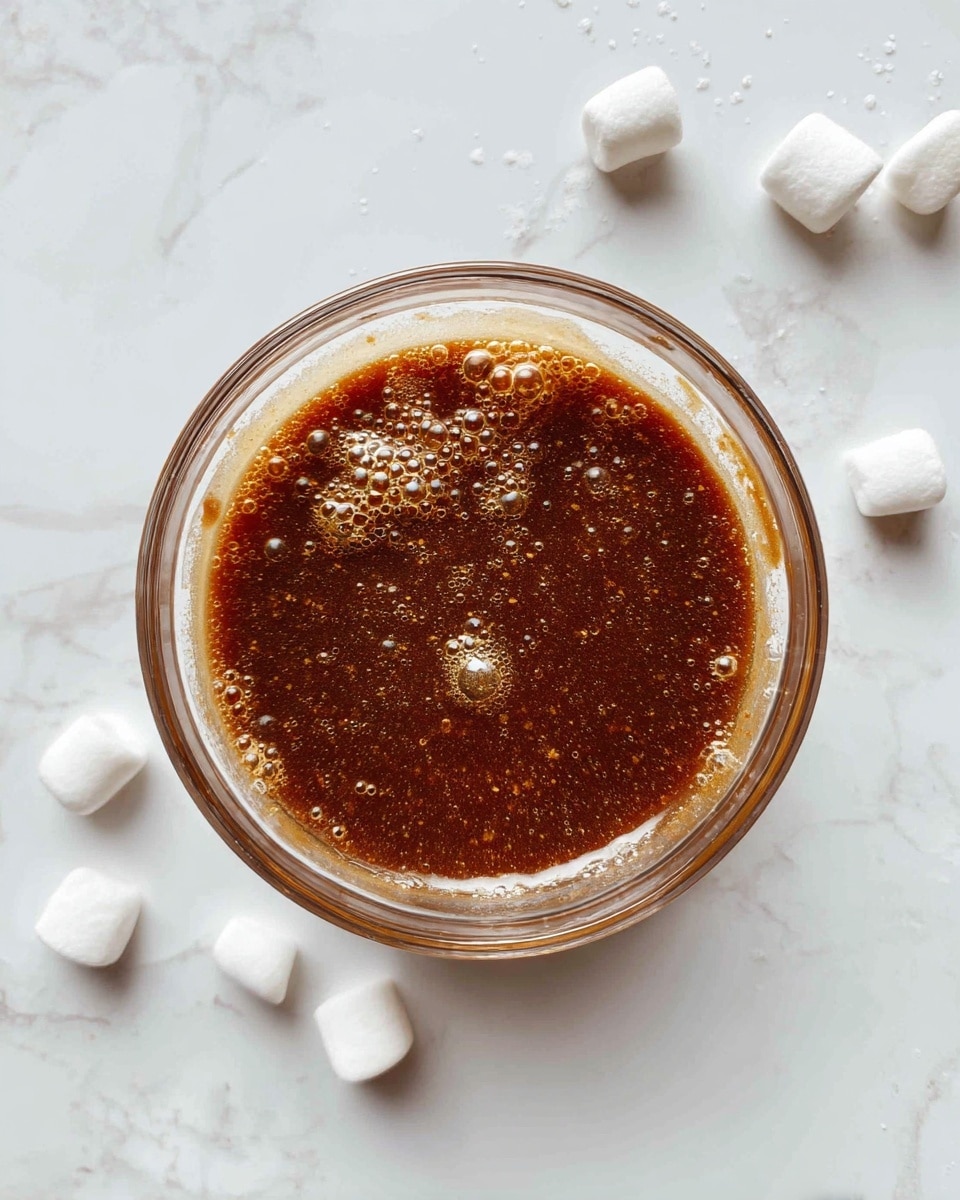 A clear glass bowl sits on a white marbled surface, filled with a thick, shiny brown sauce with small bubbles on its surface. To the upper right of the bowl, there are scattered small white marshmallows. The bowl has some sauce stains on its inside edge, showing the sauce's sticky texture. photo taken with an iphone --ar 4:5 --v 7
