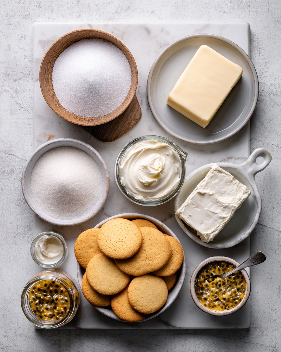 A white marbled surface holds several ingredients arranged neatly: a round wooden bowl filled with white sugar, a white plate with a rectangular block of butter, a gray plate with a large block of cream cheese, a glass measuring cup with cream, a small glass jar and a larger jar filled with passion fruit seeds and pulp, and a small glass bowl with a light beige powder. A gray bowl contains many whole round golden brown cookies stacked and leaning slightly on each other. The top-down view captures all elements clearly with good light and soft shadows photo taken with an iphone --ar 4:5 --v 7