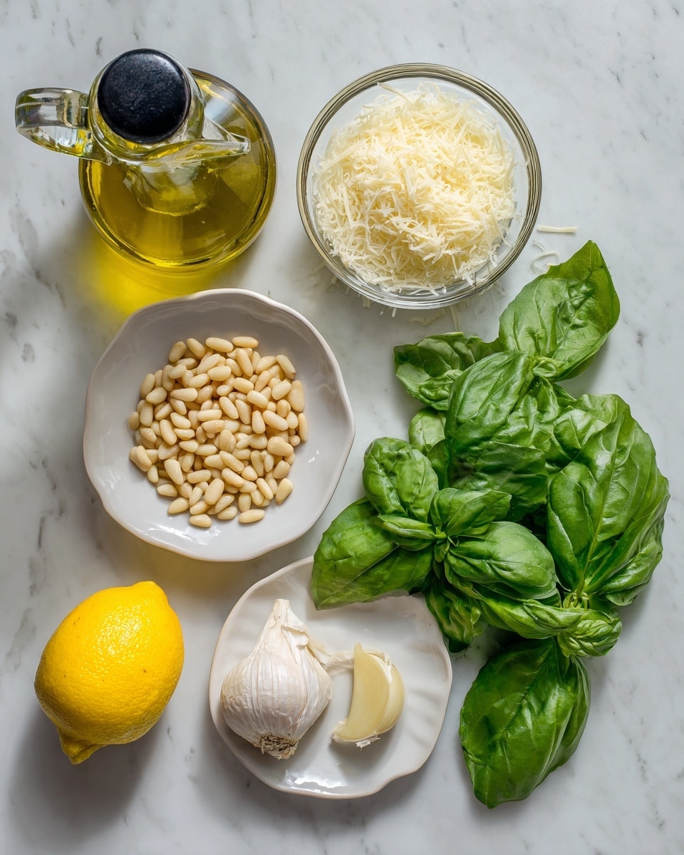 The image shows ingredients laid out on a white marbled surface: several large fresh green basil leaves spread out on the right side, a glass bottle of olive oil with a black pouring spout on the left, a small white bowl filled with pale yellow pine nuts near the center, a small white plate holding two peeled garlic cloves, half a lemon with a bright yellow color placed near the bottom left, and a clear glass bowl filled with grated pale yellow cheese placed near the top center. photo taken with an iphone --ar 4:5 --v 7