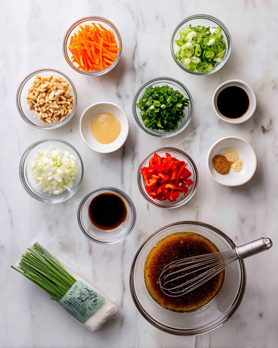 The image shows a white marbled surface with several small clear bowls and a few white dishes arranged in three rows on the left side. The bowls contain colorful ingredients like orange carrot sticks, red bell pepper pieces, green leafy vegetables, chopped nuts, and some translucent white strips. There are also small white dishes holding light yellow and beige pastes, chopped green onions, a pale yellow liquid, and a dark sauce. Near the bottom left is a green packet of rice noodles. On the right side, a clear glass bowl holds a brown liquid mixture with a metal whisk resting inside. The overall scene is bright, clean, and organized, with a focus on fresh, vibrant ingredients. photo taken with an iphone --ar 4:5 --v 7