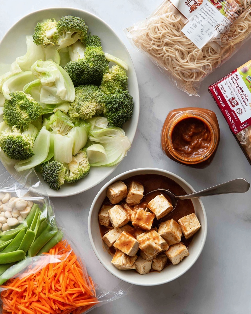 The image shows a white bowl on a white marbled surface containing pieces of light brown cooked tofu mixed with sauce and a spoon inside. Next to the bowl, there is an open jar of reddish-brown peanut sauce placed near the top center. To the right, there are three packaged items: a clear bag of mixed stir fry vegetables with broccoli florets, napa cabbage, bok choy, and snow peas inside, with red and white labeling, a clear bag of shredded bright orange carrots with green and white labeling, and a box of uncooked pale yellow Thai wheat noodles with a red label and a window showing the noodles inside. photo taken with an iphone --ar 4:5 --v 7