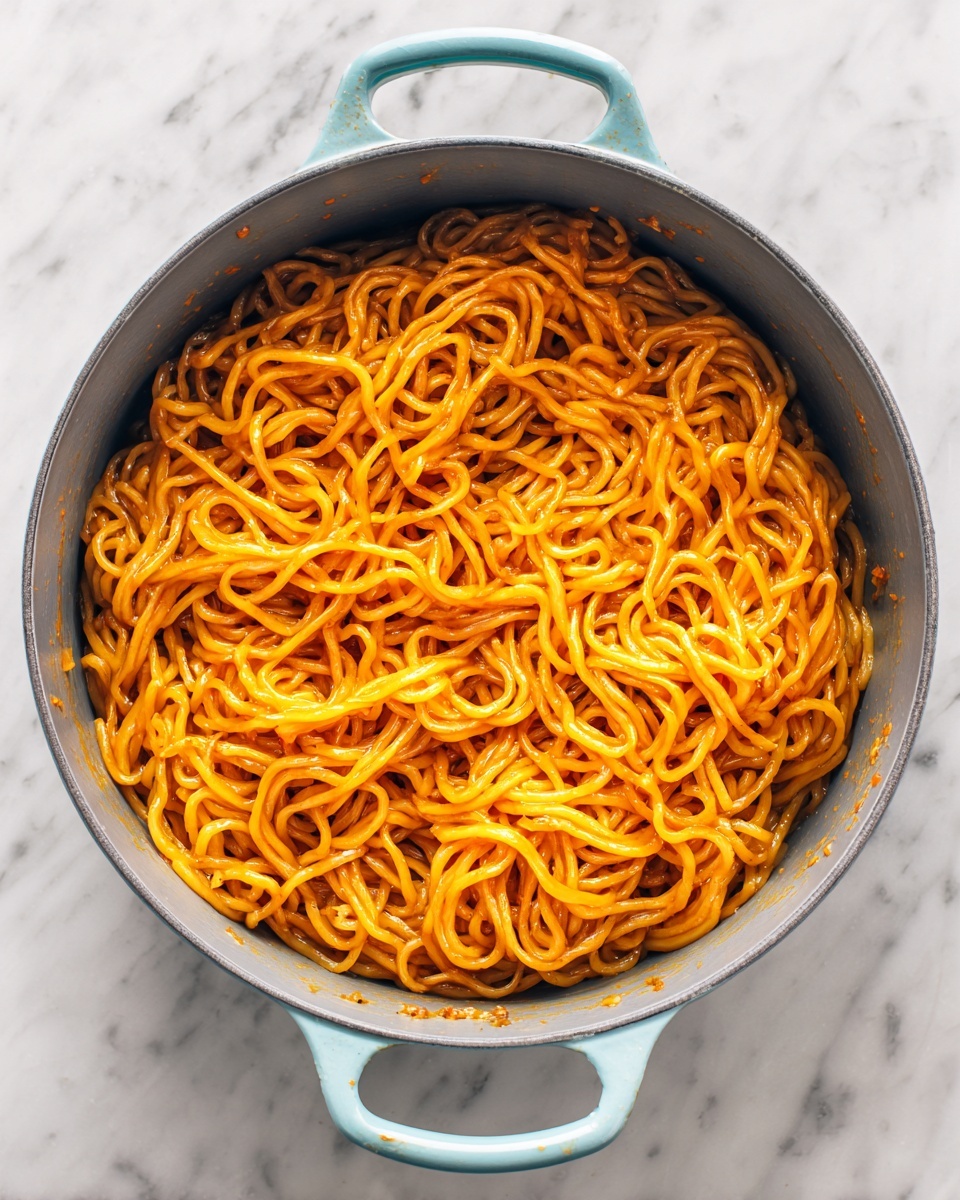 A single layer of thick, soft noodles covered in a shiny, smooth orange sauce sits inside a gray cooking pot with light blue handles. The noodles are twisted and tangled, filling the pot nearly to the top with the sauce evenly coating them, and small bits are stuck slightly to the pot’s sides. The pot rests on a white marbled surface. photo taken with an iphone --ar 4:5 --v 7