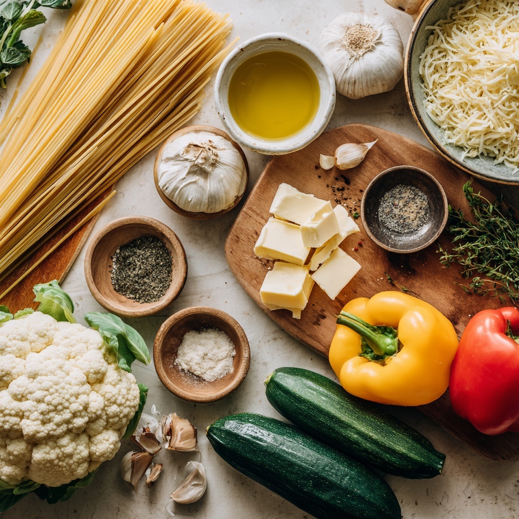 A white bowl holds a dish with three main layers: at the bottom is a nest of pale yellow spaghetti, soft and slightly glossy; scattered on top are pieces of grilled vegetables — golden-brown cauliflower florets, green zucchini slices with char marks, and bright red bell pepper chunks; finishing the dish, a light sprinkling of grated cheese and small bits of chopped green herbs add texture and color contrast across the noodles and vegetables, all resting on a white marbled surface. photo taken with an iphone --ar 4:5 --v 7