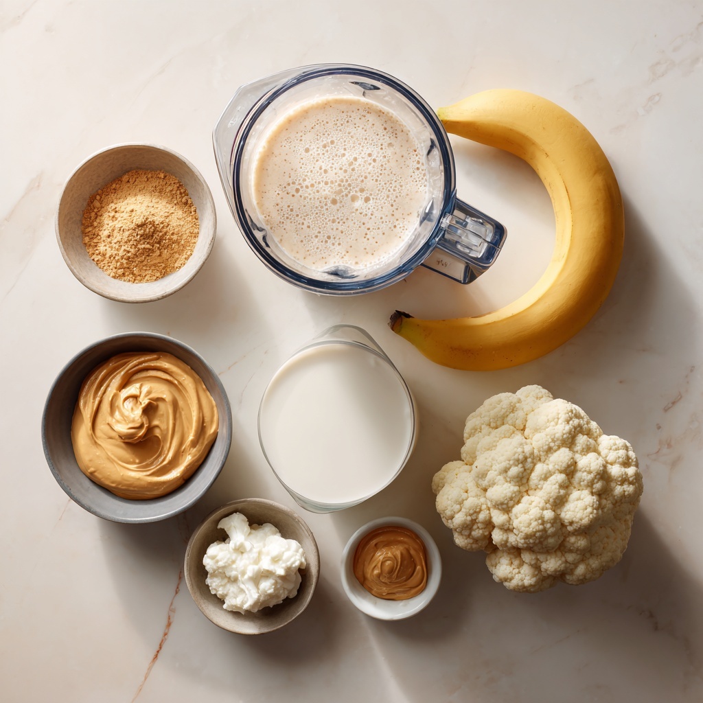 A view from above shows a clear blender jar filled with a smooth, light brown mixture that has small bubbles on its surface. The blender jar has clear sides with visible marks and triangular shapes at the bottom edges. On the right side near the jar, there is a yellow banana partly visible. The whole scene is set on a white marbled surface. photo taken with an iphone --ar 4:5 --v 7