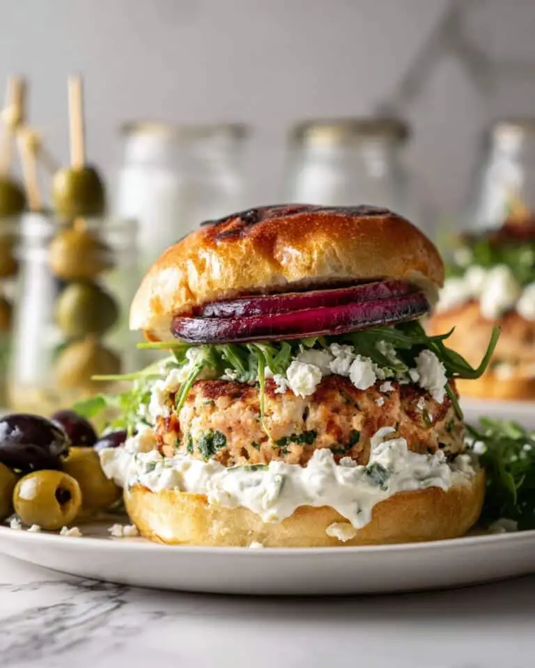 Kofta Burgers with Grilled Onions, Feta, and Fresh Tzatziki Recipe