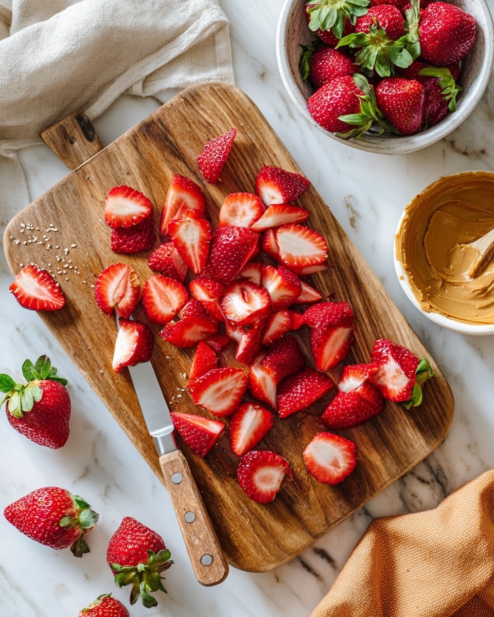 The image shows a wooden cutting board with many sliced strawberries scattered across it. The strawberries are bright red with white centers and green leaves still attached to a few pieces. A knife with a wooden handle lies on the left side of the board. Part of a white bowl with more strawberries and green leaves is visible at the top right corner on a white marbled surface. Another white bowl with light brown peanut butter and a small part of an orange cloth can be seen at the bottom left and bottom right corners. The overall setting is bright and clean. photo taken with an iphone --ar 4:5 --v 7