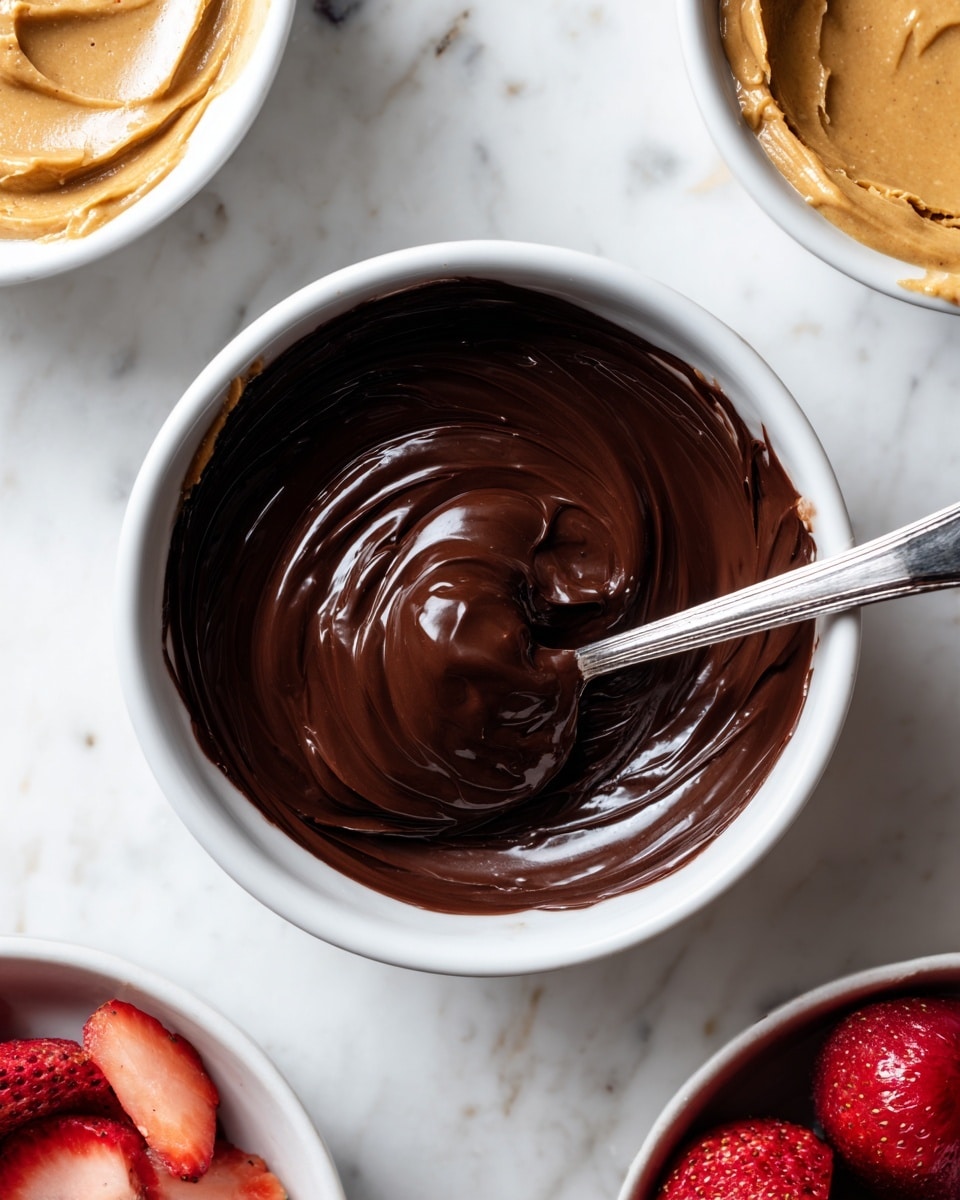 A white bowl filled with smooth, shiny, dark brown melted chocolate, with a silver spoon resting inside, partially coated with the chocolate. Around the bowl, on a white marbled surface, parts of other white bowls are visible, one with creamy light brown peanut butter and another with red strawberries inside. The scene shows the bowls close together, emphasizing the rich texture and glossy shine of the melted chocolate in the center bowl photo taken with an iphone --ar 4:5 --v 7