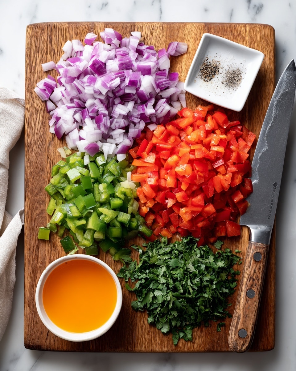 The image shows a wooden cutting board on a white marbled surface with four neatly chopped layers of vegetables arranged side by side: purple and white diced onions on the top left, light green diced bell peppers next to the onions, bright red diced tomatoes below the peppers, and dark green chopped cilantro at the bottom right. A small white square bowl with coarse salt and black pepper is placed at the top right corner of the board. At the bottom left corner of the board, there is a small white square bowl filled with orange liquid, likely a sauce. A large metal knife with a wooden handle lies partially on the board near the cilantro. Photo taken with an iphone --ar 4:5 --v 7