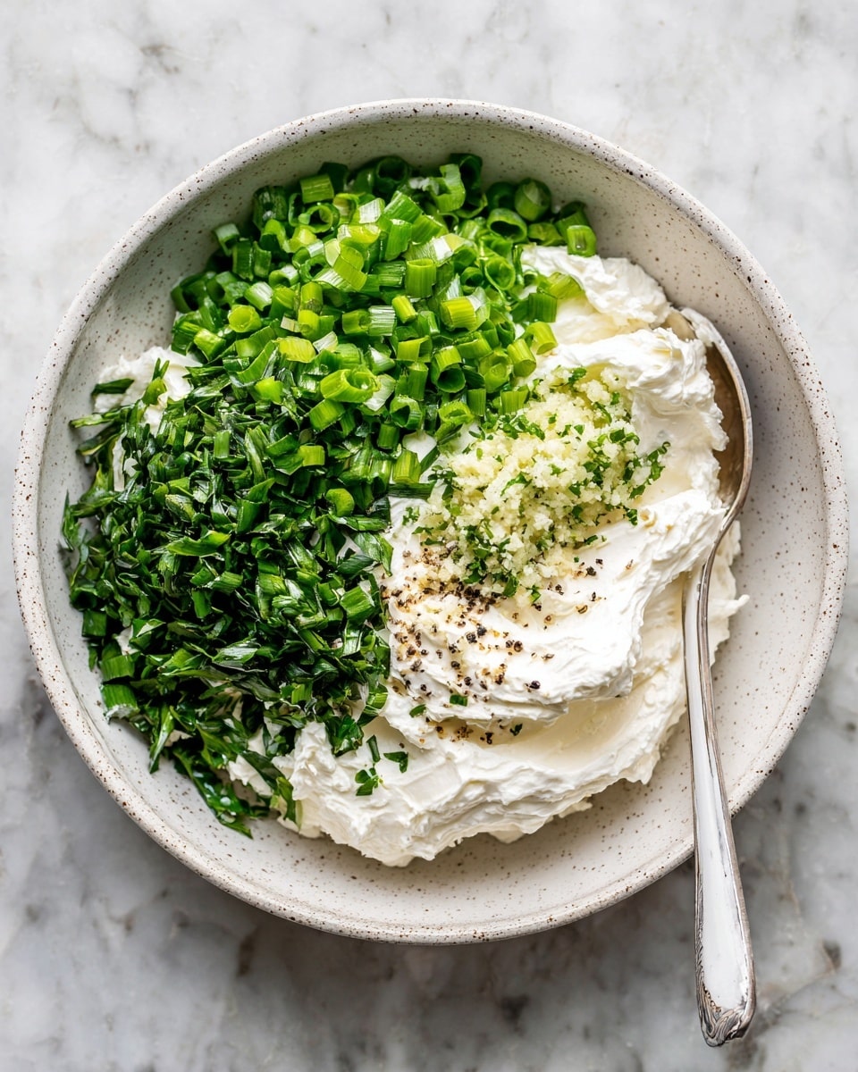 A white speckled bowl filled with thick white cream cheese in the center, surrounded by finely chopped bright green herbs on the left half and chopped light green scallions on the right. There is also a small area of minced white garlic and a sprinkle of black pepper over the cream cheese. A silver spoon with a white handle rests inside the bowl, partially covered by the herbs. The bowl is placed on a surface with a white marbled texture. Photo taken with an iphone --ar 4:5 --v 7