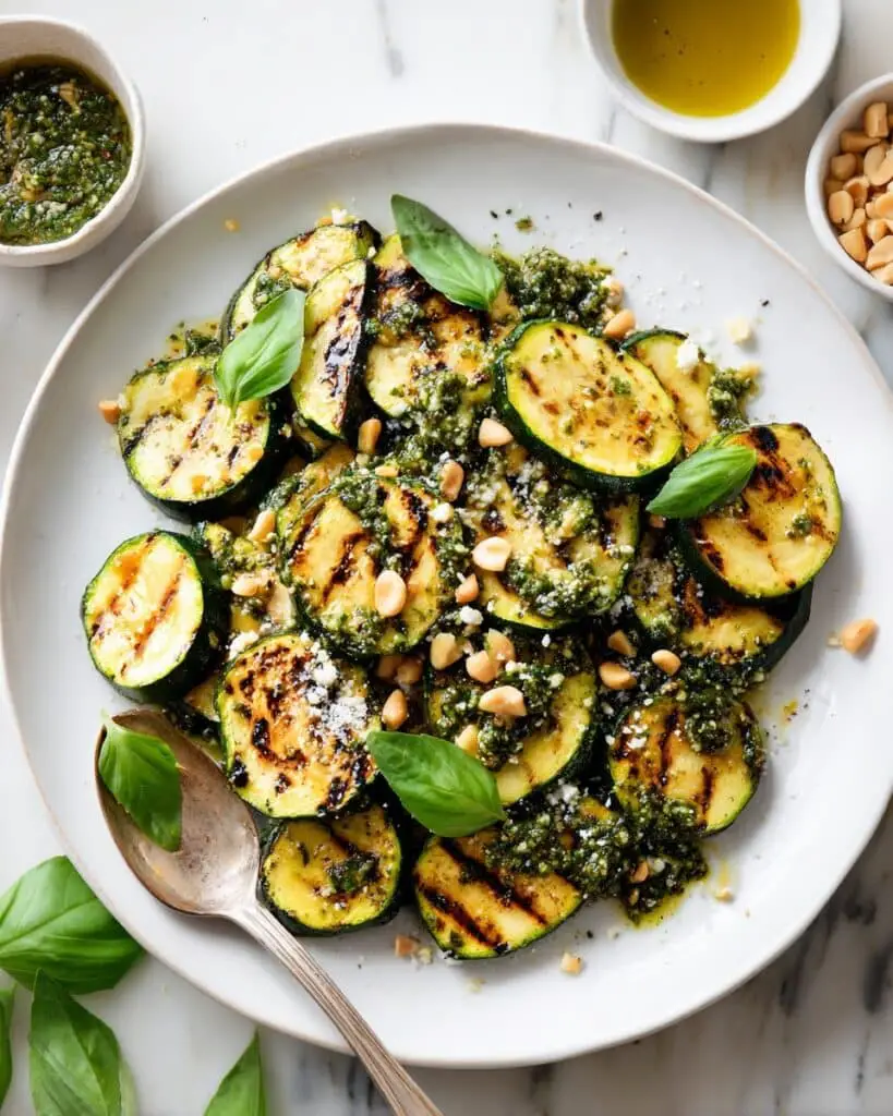 Easy Grilled Pesto Zucchini with Goat Cheese & Pine Nuts Recipe