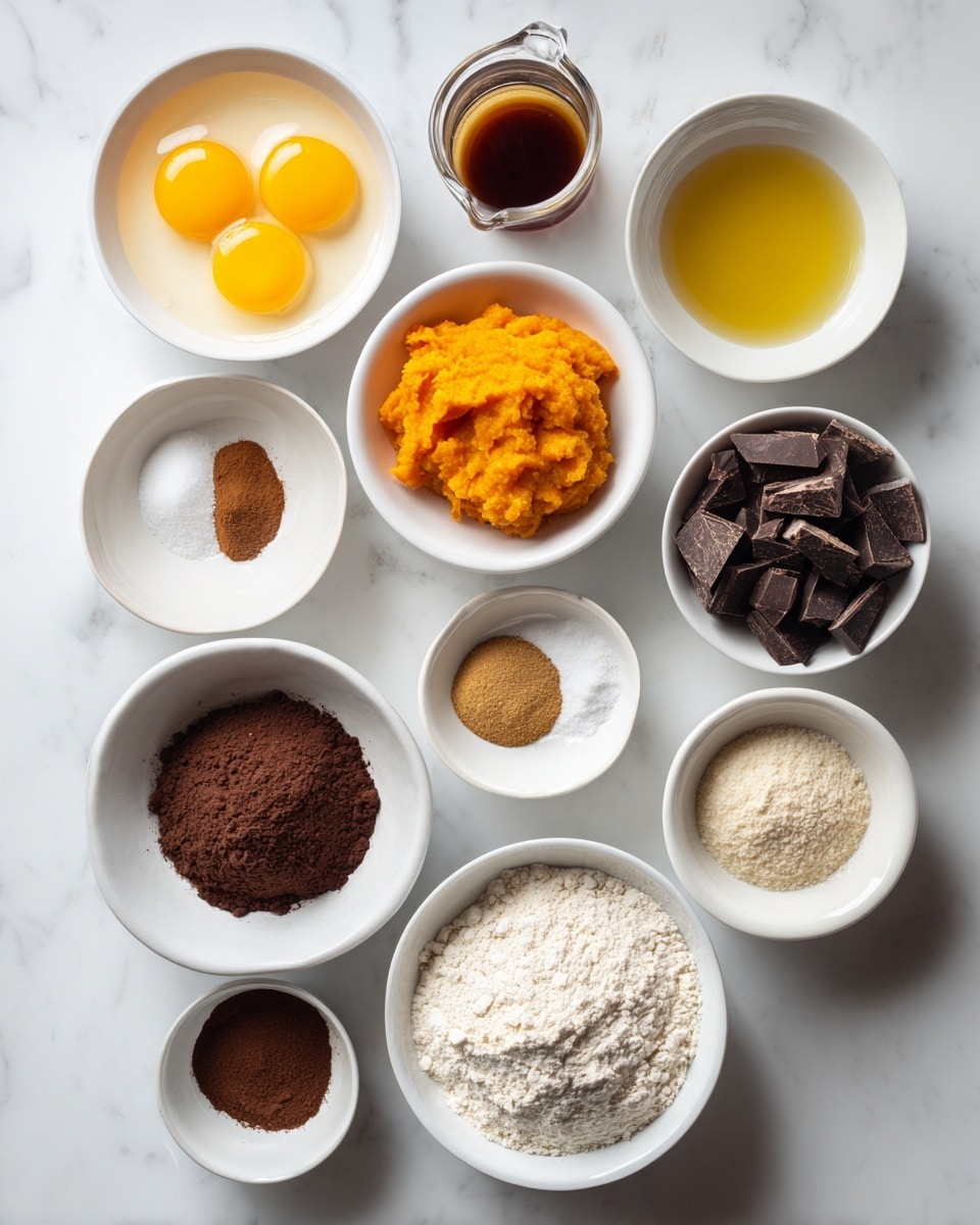A white mixing bowl sits on a white marbled surface, filled with several layers of ingredients: at the bottom is a light beige foamy liquid, topped unevenly with dark brown powder and bright orange thick dollops. On the right side, a golden liquid is being poured into the bowl from a clear container. Around the bowl, there are small white bowls filled with coarse dark chocolate chunks and various brown powders. Photo taken with an iphone --ar 4:5 --v 7