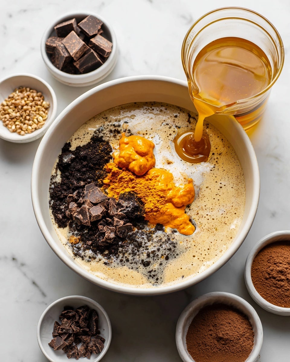 The image shows eleven small white bowls arranged on a white marbled surface, each containing different ingredients. On the top left, there is a bowl with three raw eggs with yellow yolks and clear whites. Next to it is a small glass pitcher with light brown espresso. To the right, there is a bowl filled with a golden-yellow liquid, likely oil. Below the eggs, there is a bowl with four dry powders: white, light brown, and dark brown spices separated into quarters. Below that, a bowl with a dark brown powder. Near the center is a bowl with bright orange mashed pumpkin, with a small dip in the middle. To its right, a bowl filled with small, rough pieces of dark chocolate. Below the pumpkin is a larger bowl filled with pale beige flour. To the right of the flour, a small white bowl with a medium brown granular powder. At the bottom left corner, a small white bowl holds a dark amber syrup. The image is clean and the bowls are neat and filled evenly. Photo taken with an iphone --ar 4:5 --v 7