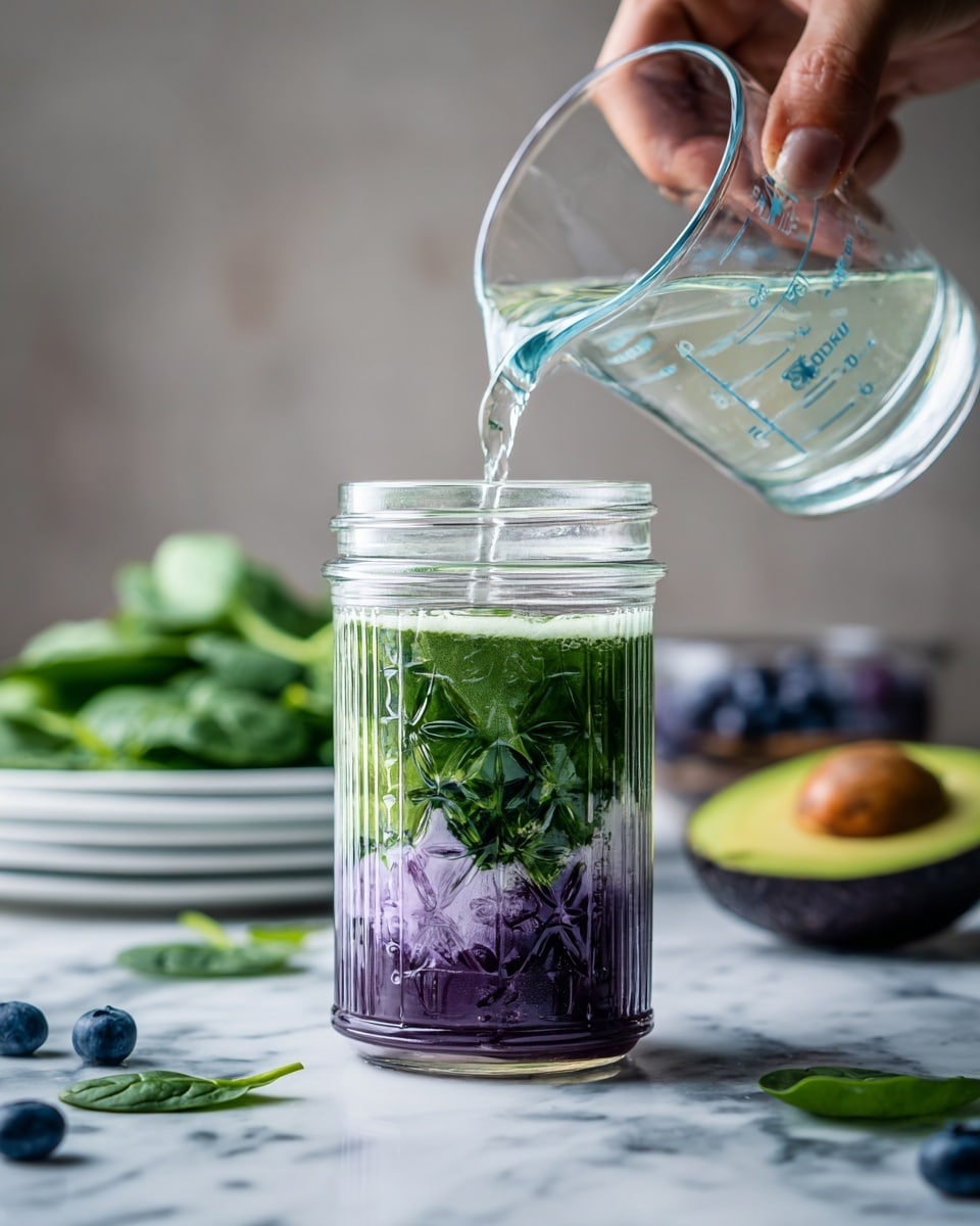 The image shows a clear ribbed jar with three visible layers inside: the bottom layer is light purple, the middle layer is green with leafy texture, and the top layer is clear liquid being poured from a glass measuring cup by a woman's hand. The jar has a white base and is placed on a white marbled surface. Around the jar, there are fresh spinach leaves on a white plate in the background, a halved avocado on the right, and a few blueberries scattered on the surface in the foreground. Photo taken with an iphone --ar 4:5 --v 7