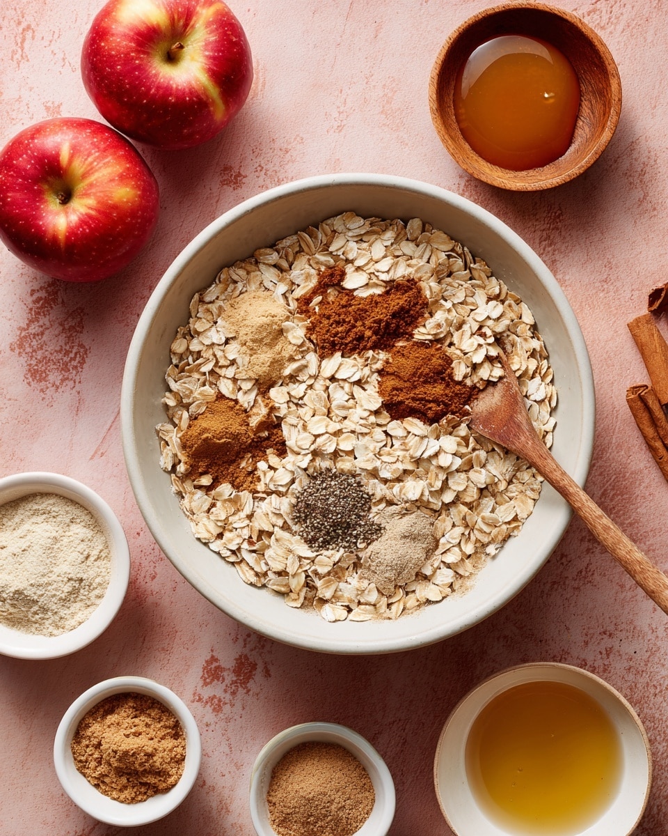 The image shows an organized flat lay of various ingredients placed on a white marbled surface, each in small white bowls or clear glass containers. The largest bowl at the top left is filled with light beige rolled oats with a dry, flaky texture. To the right, a small white bowl holds ground flaxseed, light brown and powdery. Next to it is a clear measuring cup with a creamy off-white liquid. Below, a white fluted bowl contains dark brown, wrinkled dates. Several smaller white bowls hold spices: bright yellow to orange turmeric, light brown cinnamon, white baking soda, and a small pile of salt. Two small red apples with green stems are positioned at the middle left. Nearby are a wooden bowl of smooth, pale beige applesauce, a white bowl of thick and creamy white yogurt, a clear bowl with golden honey, and two small white bowls containing smooth brown almond butter and a lighter brown nut butter. The overall image is bright, clean, and neat, with each item clearly visible and well arranged. photo taken with an iphone --ar 4:5 --v 7