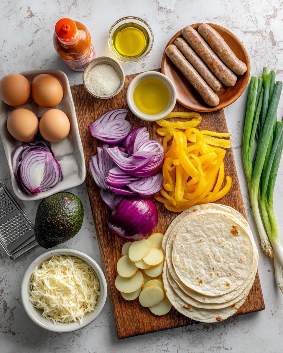 The image shows a wooden cutting board on a white marbled surface, with sliced red onion in light purple color and half a whole red onion on top. Next to the onion are light brown round potato slices and bright yellow bell pepper strips. Below the board, there is a whole dark green avocado. To the right of the board, there are green onions and two folded light beige tortillas. On the upper left, a wooden plate holds six cooked light brown sausage links. Nearby, there are two small glass bowls, one with yellow oil and the other with light yellow liquid, and a bottle of orange hot sauce. To the left, a carton with three brown eggs is visible. Below the eggs, a white bowl contains white shredded cheese with a metal grater inside. The background is a white marbled texture. Photo taken with an iphone --ar 4:5 --v 7